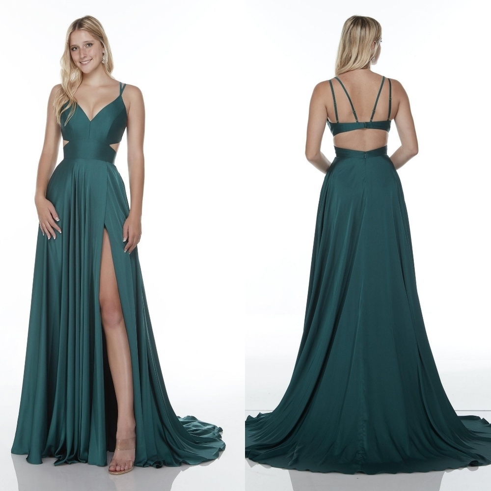 Alyce Paris 60453 Sage Green Satin Chiffon V-neck Cut-out Elegant Maxi Dress 4